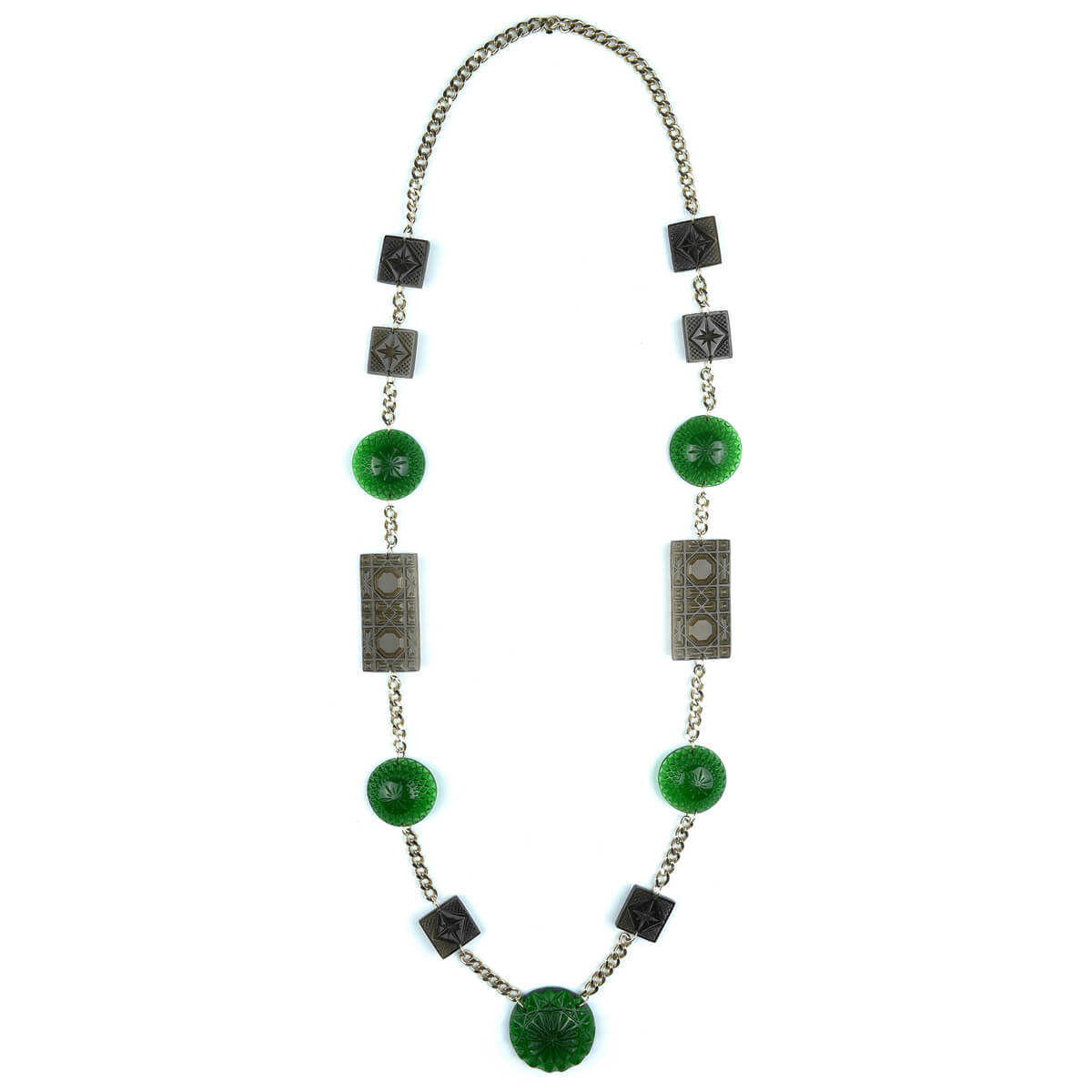 Extra Long Square & Disc Necklace Emerald Green & Grey