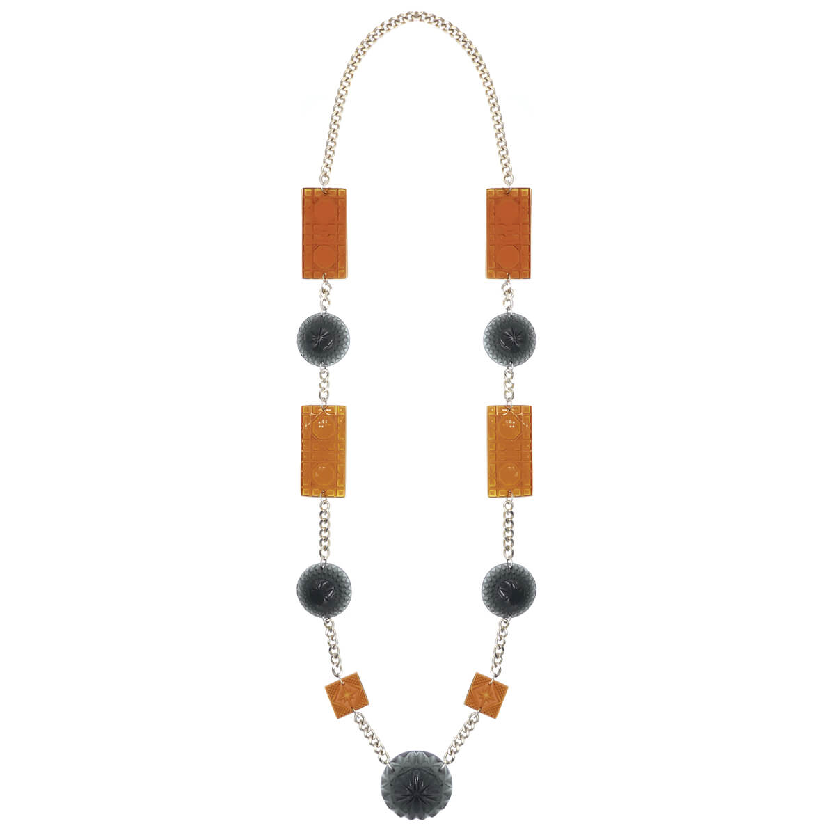 Extra Long Square & Disc Necklace Amber & Black