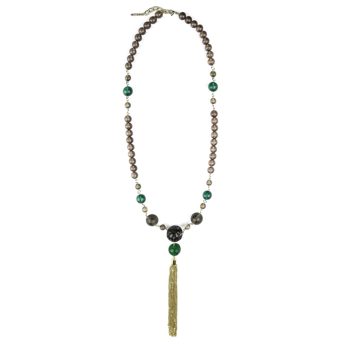 Beaded Tassel Necklace Emerald Green & Grey