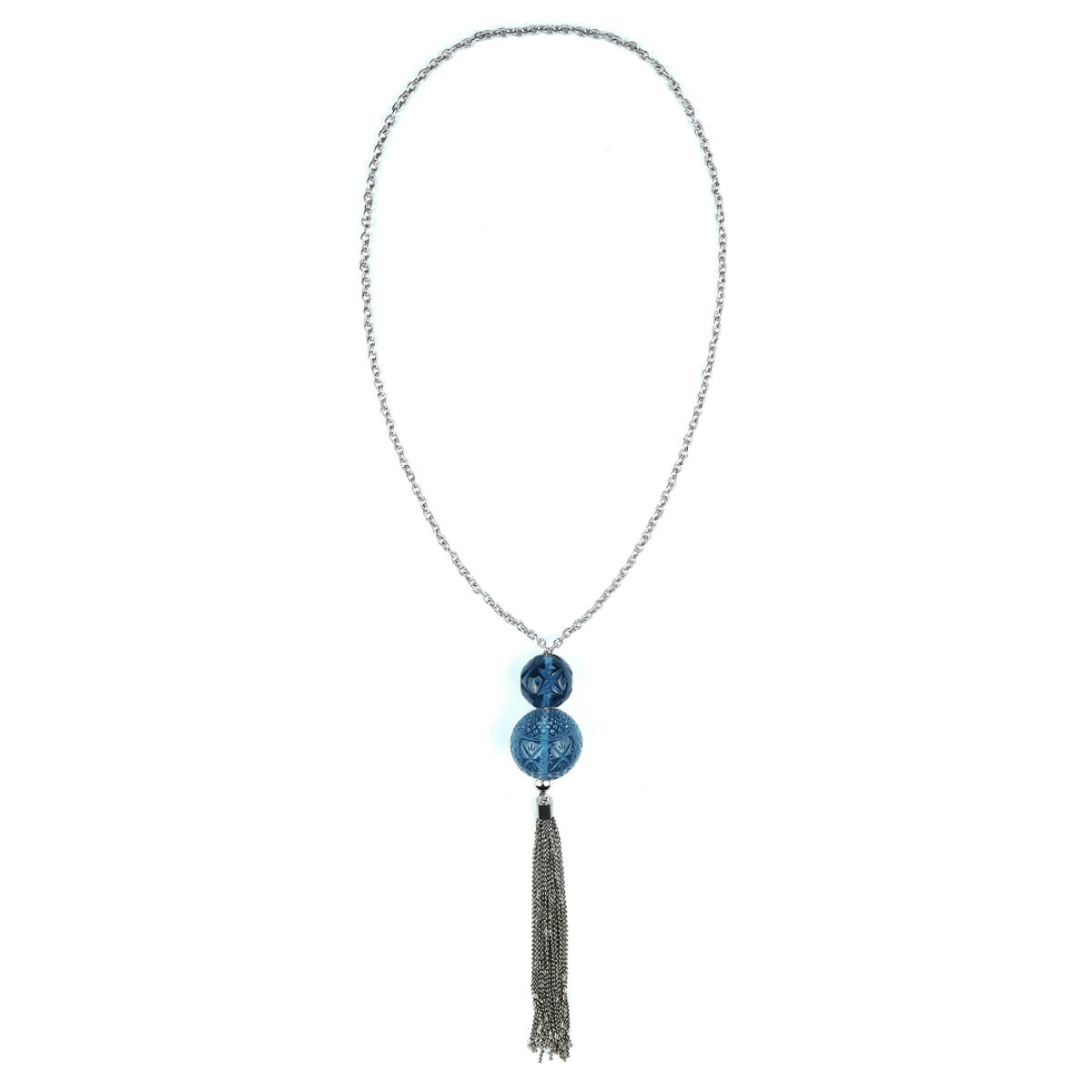 Dual Ball Long Tassel Necklace Classic Blue