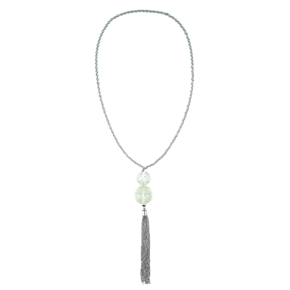 Dual Ball Long Tassel Necklace Vintage Clear