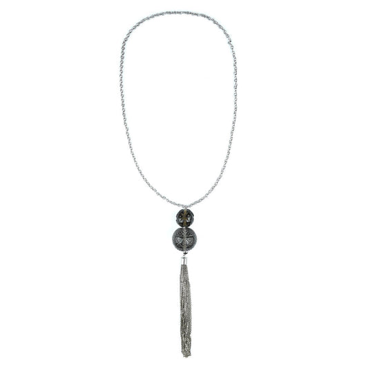 Dual Ball Long Tassel Necklace Dark Grey