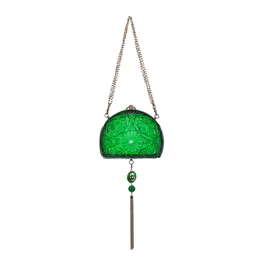 Hand Carved Fan Clutch Emerald Green