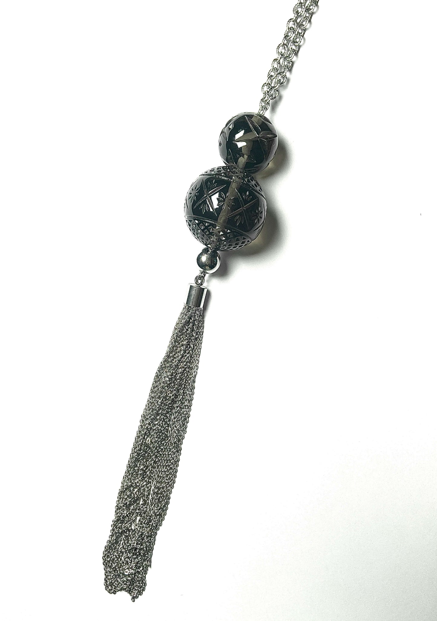 Dual Ball Long Tassel Necklace Dark Grey