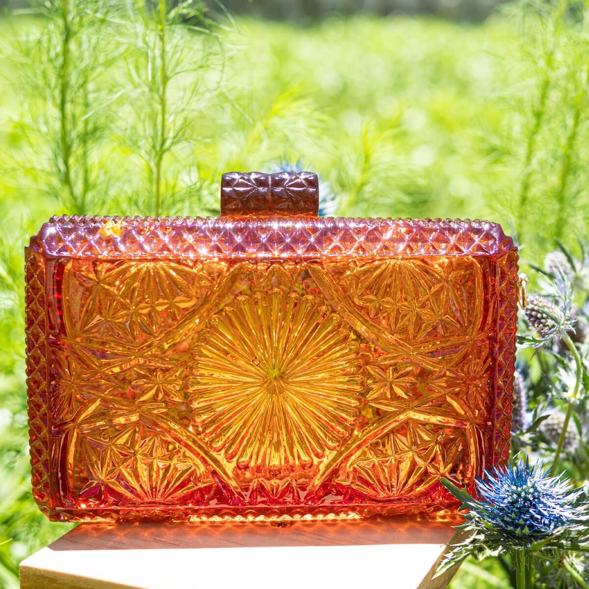 Hand Carved Rectangle Clutch Amber