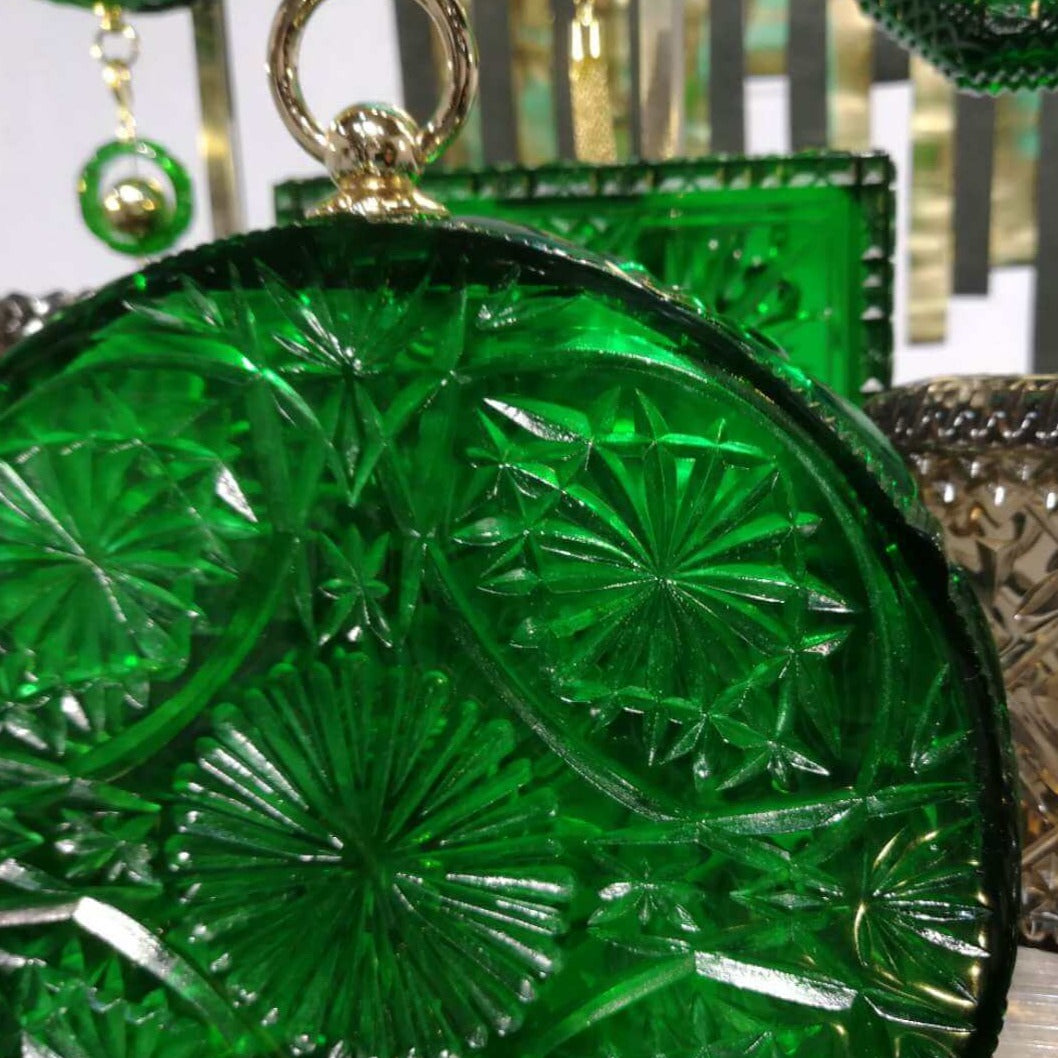 Hand Carved Fan Clutch Emerald Green