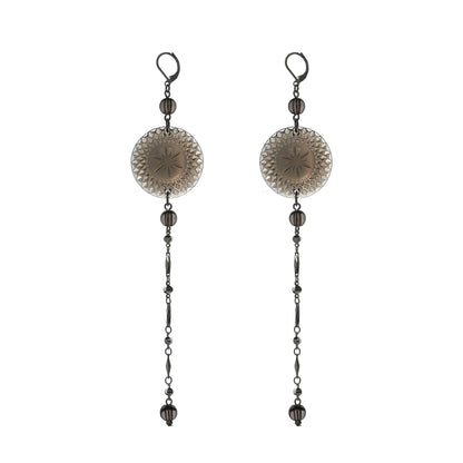 Long String Disc Earrings Dark Grey