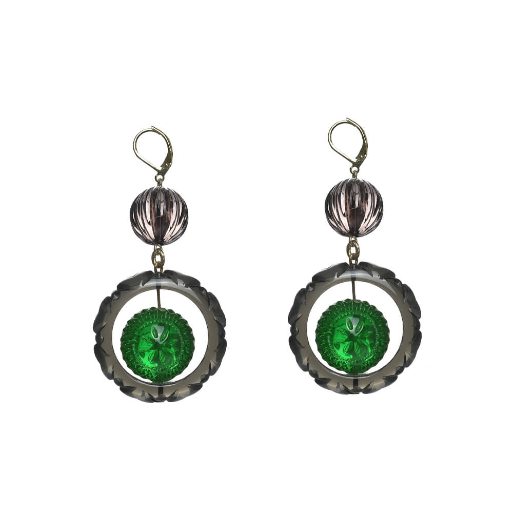 Frosted Ball Circle Earrings Green & Grey